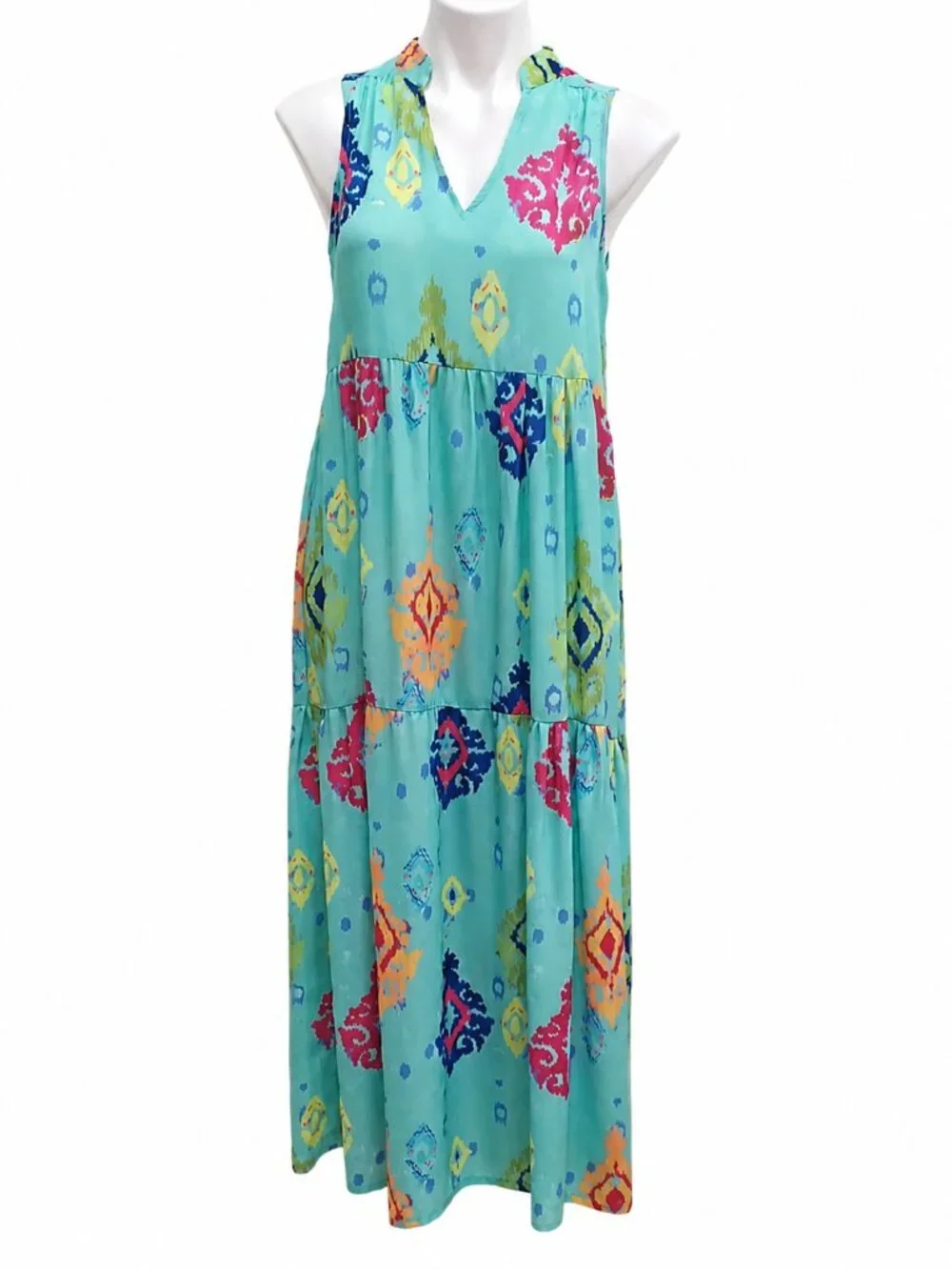 SMALL sleeveless maxi dress. Ikat print. Lightweight relaxed loose fit dress
